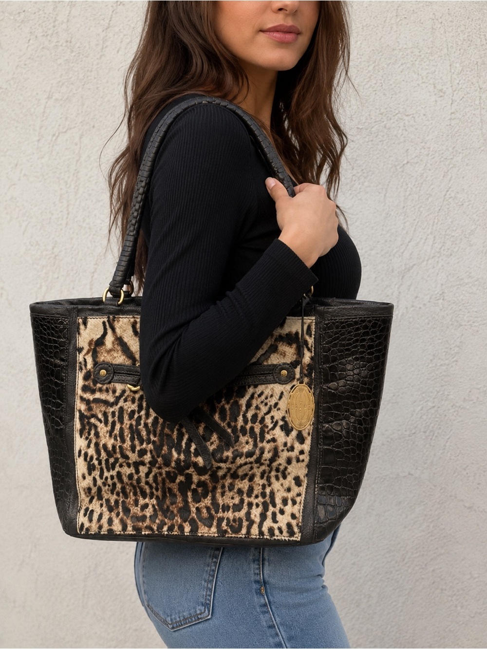 Ellie Tahari Black Pebbled Leather Toto Leopard Design Calf Hair Used ONCE EUC